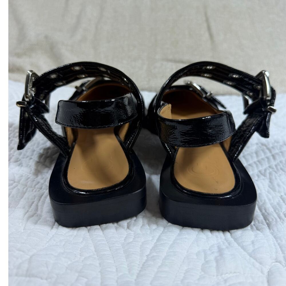 Ganni NWOT Women Black 7 Patent Leather Ballerina Slingback Pointed Toe Sandals - Picture 7 of 9